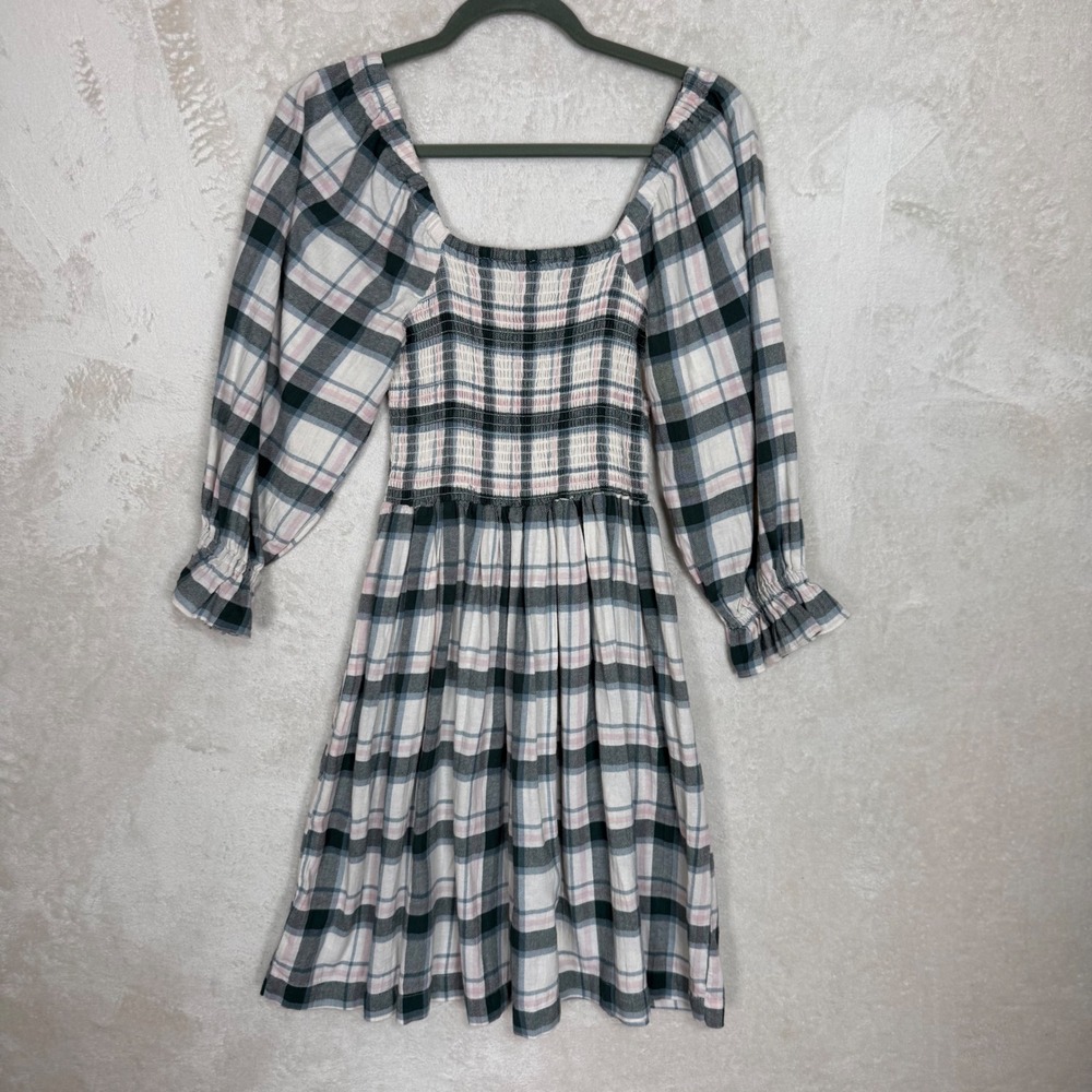 Madewell Smocked Puff Sleeve Plaid Mini‎ Dress Cottagecore Milkmaid Womens Small